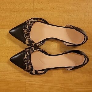JCrew Pointed Toe Knot Flats in Leather and Leopard Satin